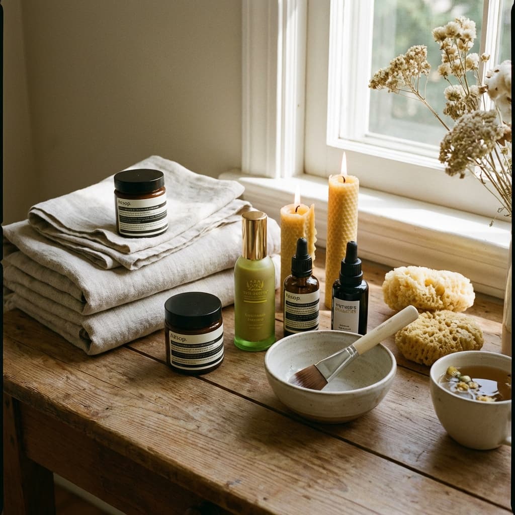 Weekly skincare ritual setup with products, candles, and soft towels